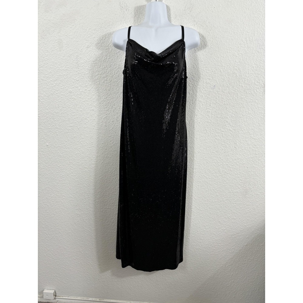 Vintage Bebe Dress Womens Large Black Metallic Sequin Cowl Slip Maxi Y2K